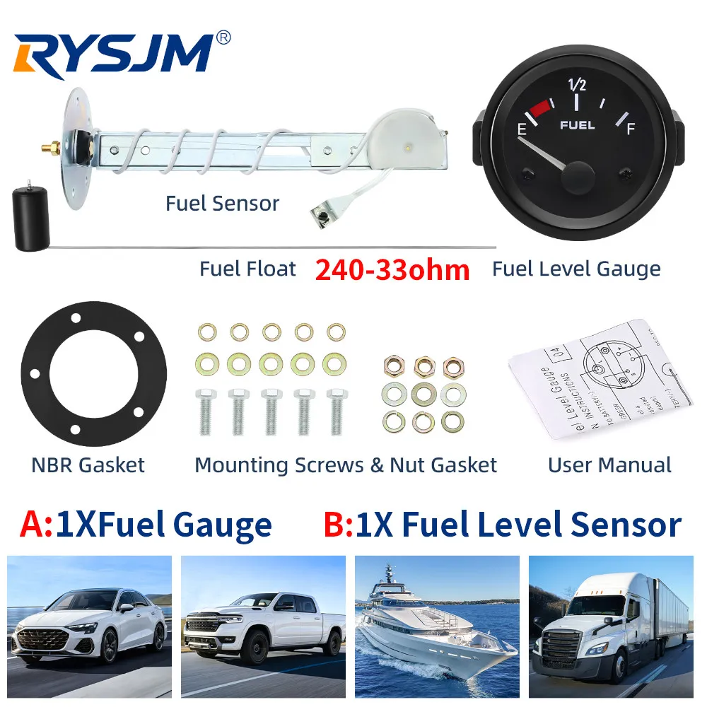 12V 52mm Car Fuel Gauge Fuel Level Gauge Meter Fuel Float Sensor 240-33 ohm White LED Light Pointer Black Rim Automotive Gauges