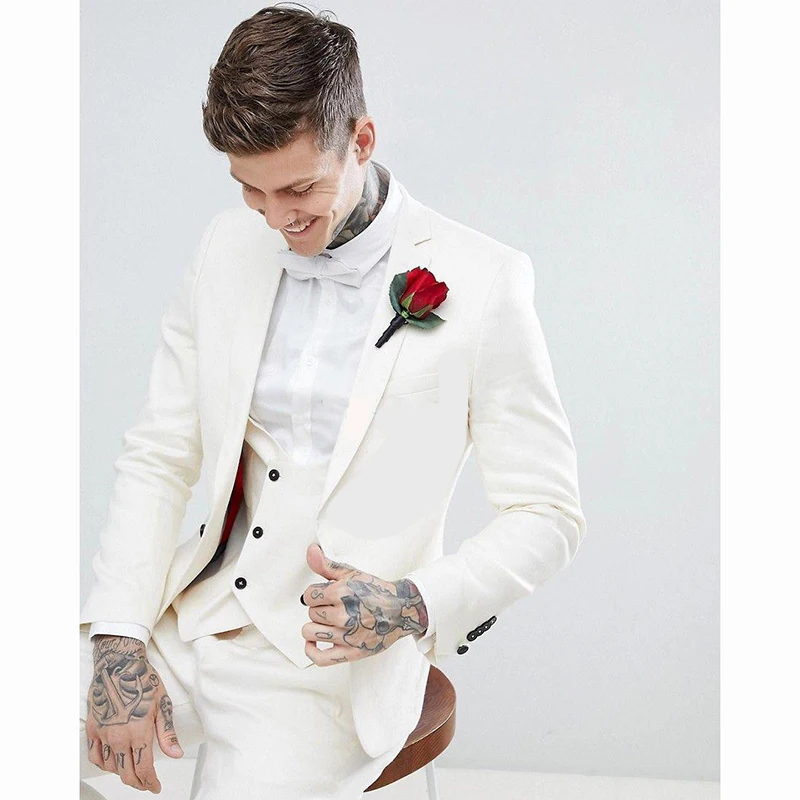 

New Wedding Tuxedo for Men 2023 Slim Fit Groomsmen Notch Lapel Groom Suits Ivory Men Suits Best Man Blazer ( Jacket+Pants+Vest)