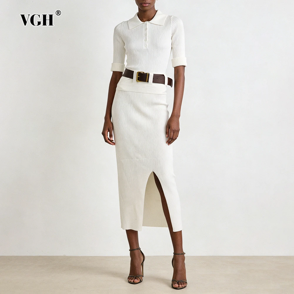 

VGH однотонные утягивающие повседневные вязаные комплекты из двух предметов для женщин, топ с короткими рукавами и лацканами, юбка с высокой талией, весенний шикарный комплект, женский новый