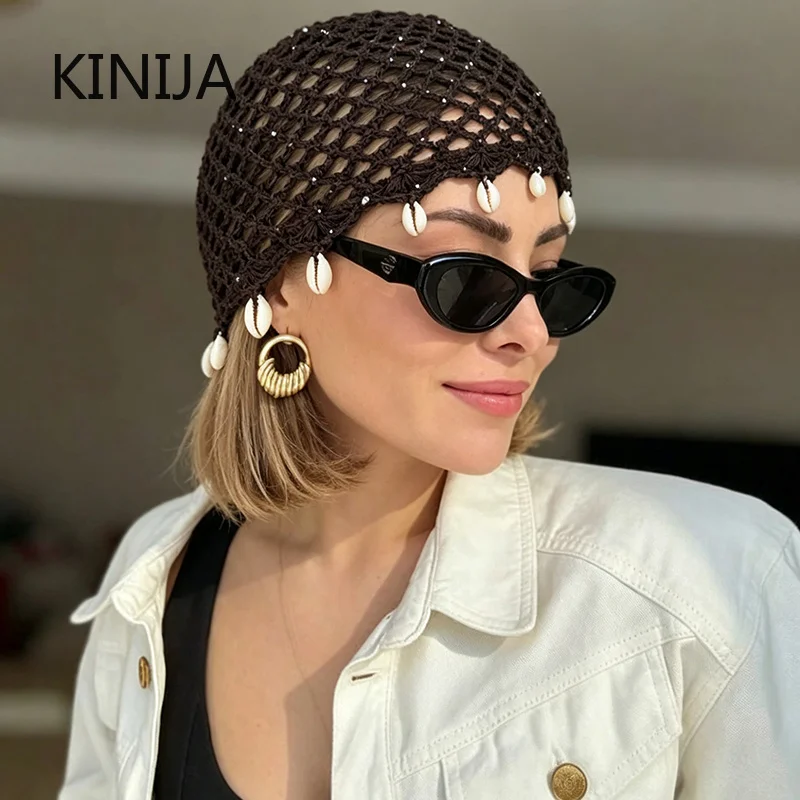 Bohemian Ausgehöhlte Gewebte Pullover-Mützen Muschel-Fransen Gehäkelte Pailletten-Strickmütze Atmungsaktive Baskenmütze Vielseitiger Reise-Look