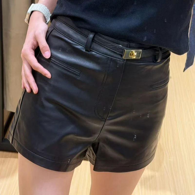 High Fashion Sheepskin Leather Hot Pants for Women Young Lady Retro Slim Fit Long Leg Versatile Shorts With Metal Buckle Belt