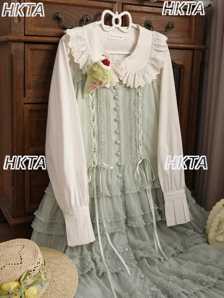 Doux 2026 printemps Kawaii Double couche bulle à manches longues col de poupée dentelle chemise femme mignon Lolita blanc Blouses hauts femmes