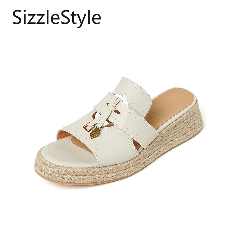 

Women's Genuine Leather Open Toe Sandals 4.5cm Wedge Heel Metal Decoration Braided Hollow Slip-On Rubber Sole Brown Beige