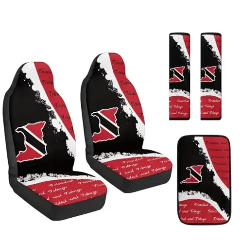 

5-Piece PU Leather Car Seat Cover Set With Shoulder Pads And Armrest Protector Featuring Trinidad And Tobago Flag Design