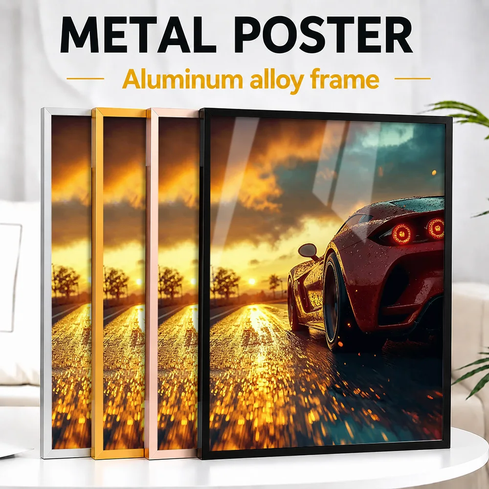 Red Sports Car Sunset Framed Aluminum Metal Poster Customized Photo Urban Motion Style Wall Art For Garage Ideal Birthday Gift