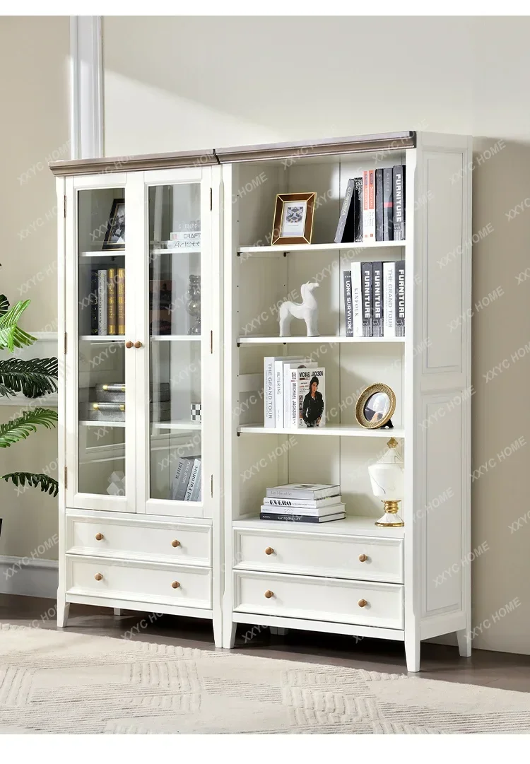 

white cream wind solid wood living room floor-to-ceiling bookcase with glass door shelf study R