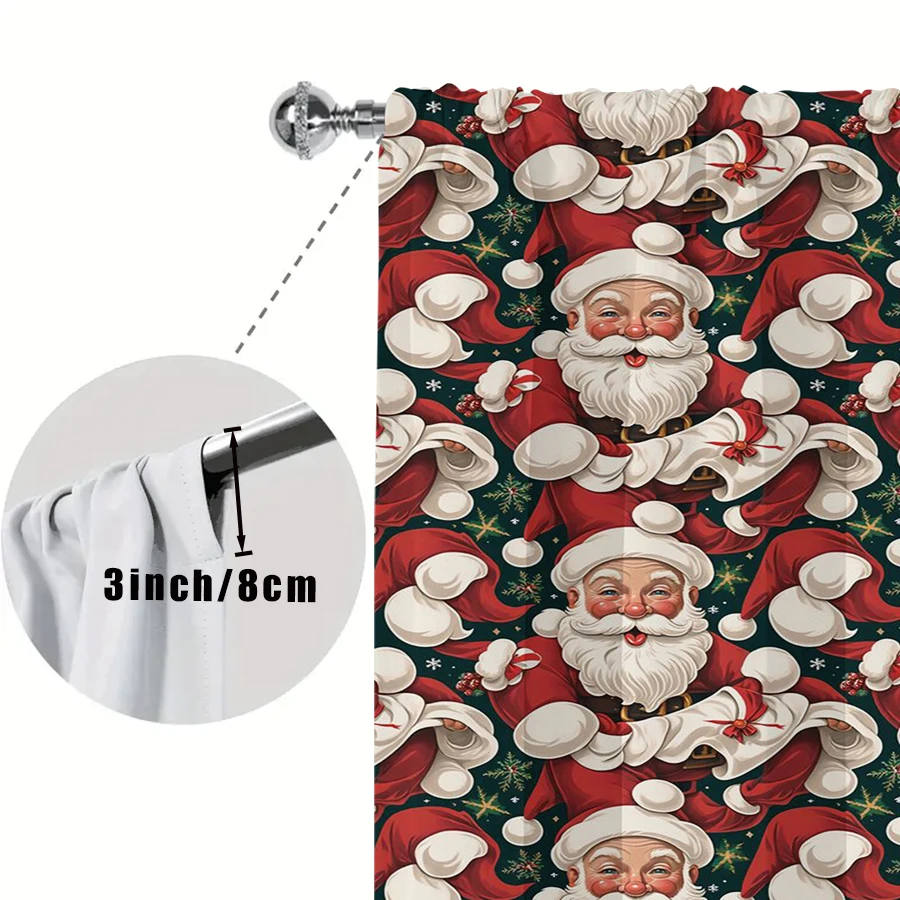 2PCS Santa Claus Repeat Pattern Curtains, Dark Green Red Christmas Holiday Window Drapes for Bedroom Living Room Decor