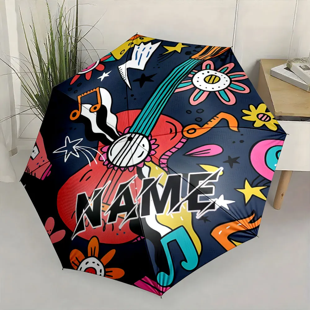 Custom Name Umbrella, Colorful Doodle Music Theme Print - Guitar, Flowers & Notes Pattern Folding Umbrella for Sunny and Rainy