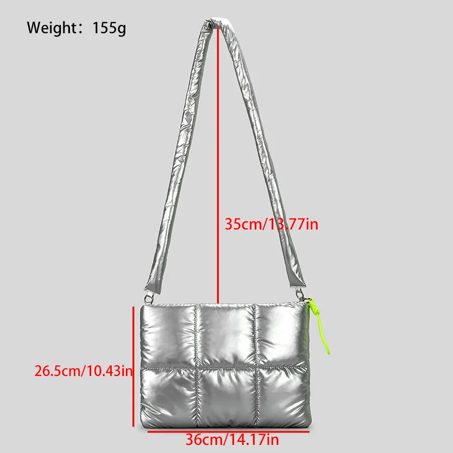 Fashion Quilted Padded Women Shoulder Bags Silver Clutch Purse Casual Nylon Down Cotton 11 Inch Ipad Inner Bag 14Inch Laptop Bag