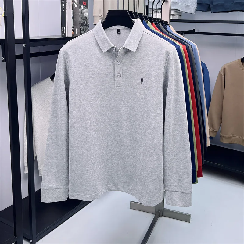 Long sleeved polo shirt for men in spring and autumn 2025, cotton T-shirt with embroidered pony logo, pure white upper garment