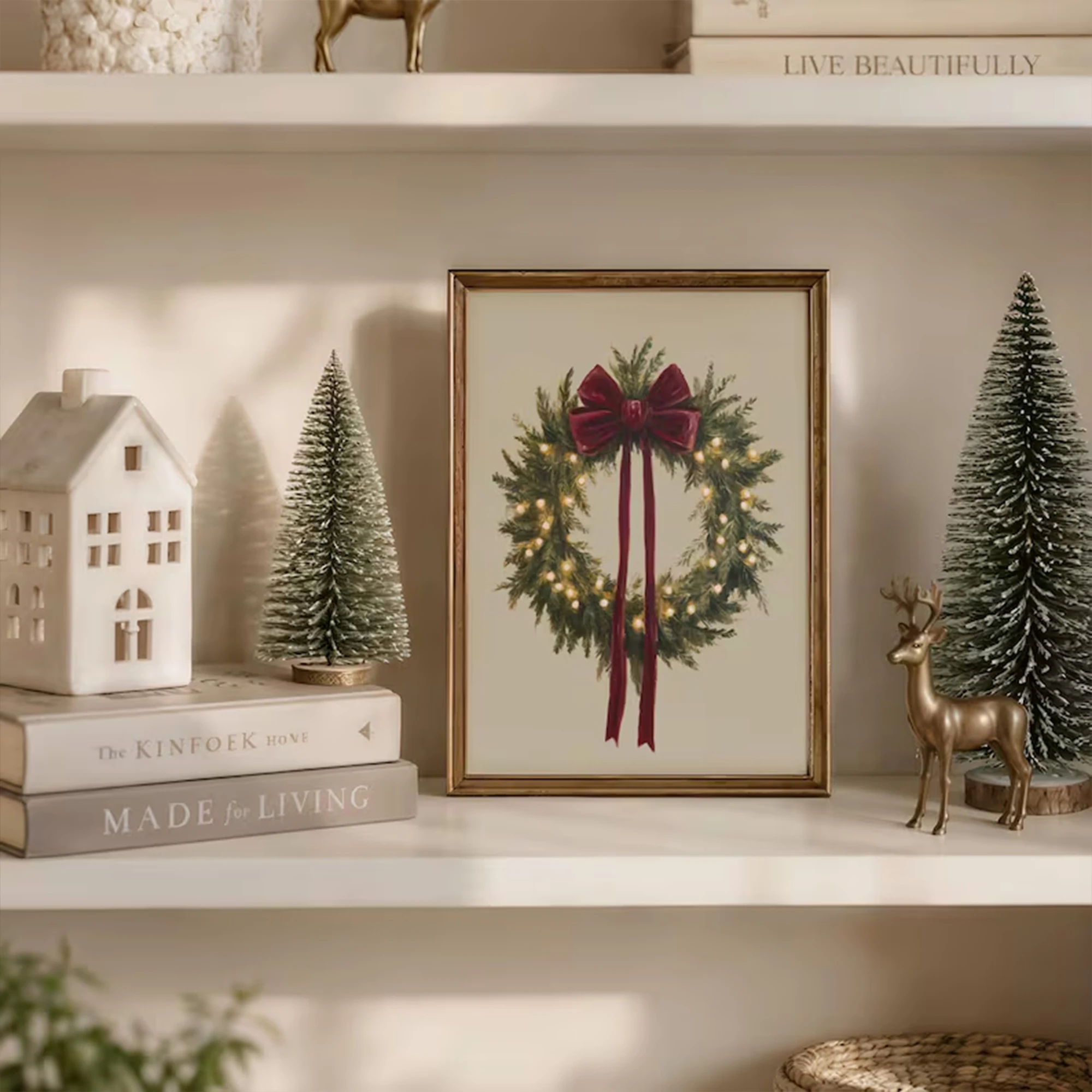 Retro Soft Glowing Christmas Wreath With Burgundy Bow Wall Art Print Canvas Painting Poster Picture For Bedroom Home Decor