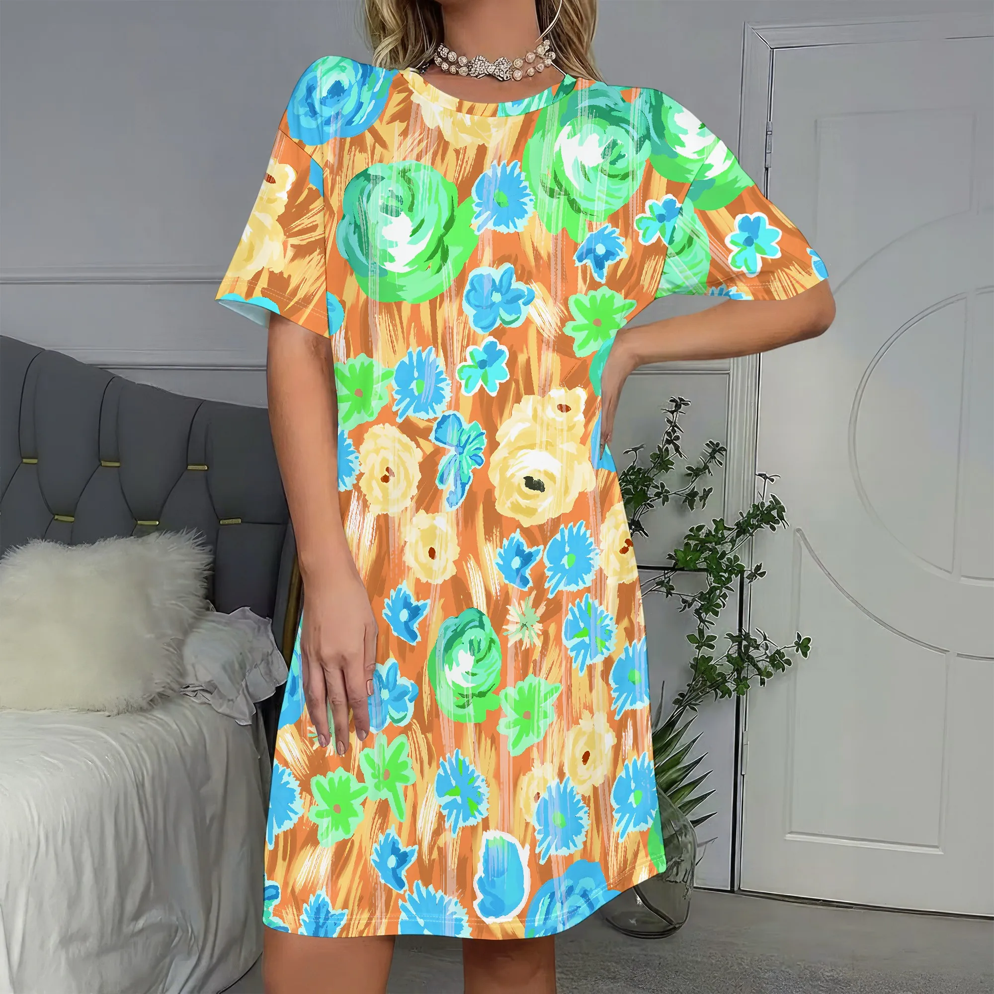 

Vibrant Floral Print, Short Sleeve Dress, Boho Style, Summer Wear, Beach Outfit, Casual Fashion, S-2XL