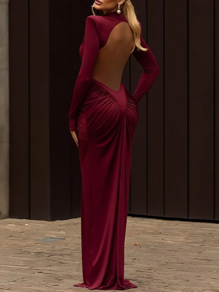 YUZHEXI women turtleneck waist cutout sexy backless maxi dress sharp shoulder pleated party robe