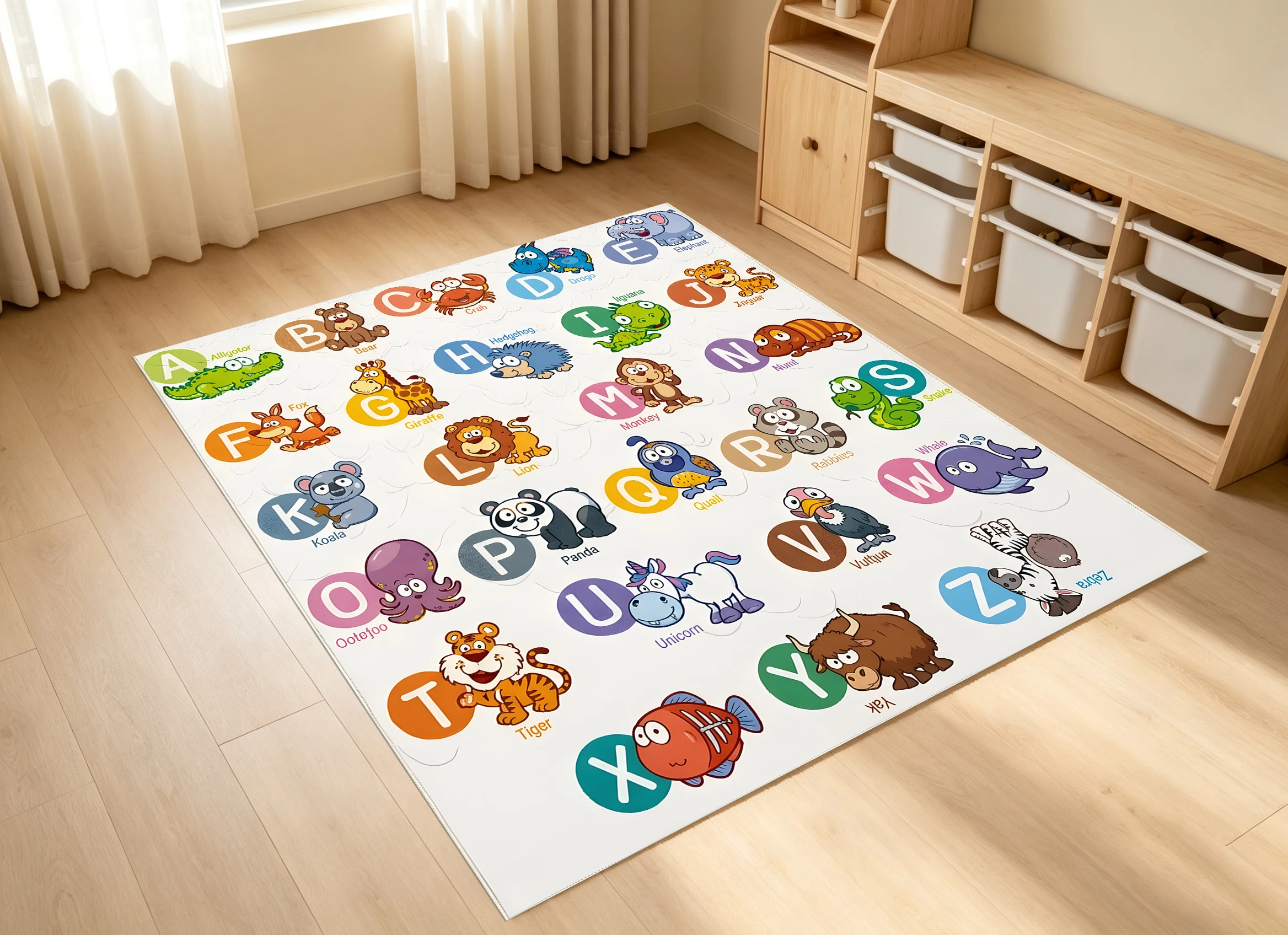2D Large Rug with Beige Background, Colorful Cartoon Animals & Letters, Fun & Comfortable, for Children's Room Play Areas