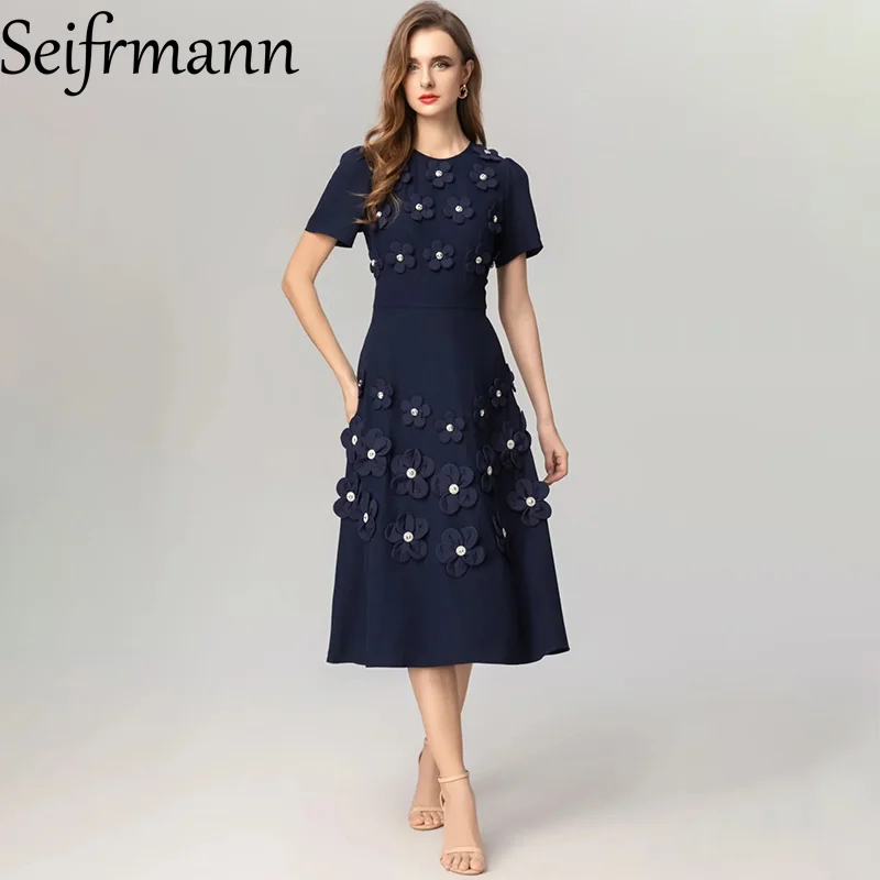 

Seifrmann 2026 Spring Women's New Fashion Round Neck Short Sleeve Three Dimensional Nail Diamond Flower Waist cinching Dress