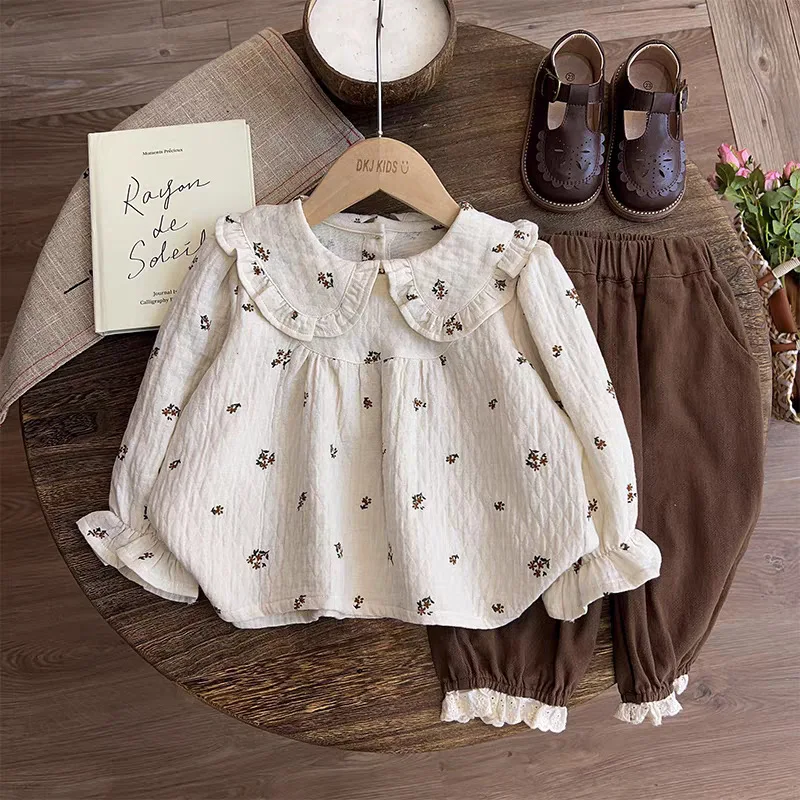 

Girls2025Autumn New Children's Clothing Mori Style Girl Floral Doll Shirt Top and Long Pants Two-Piece Set
