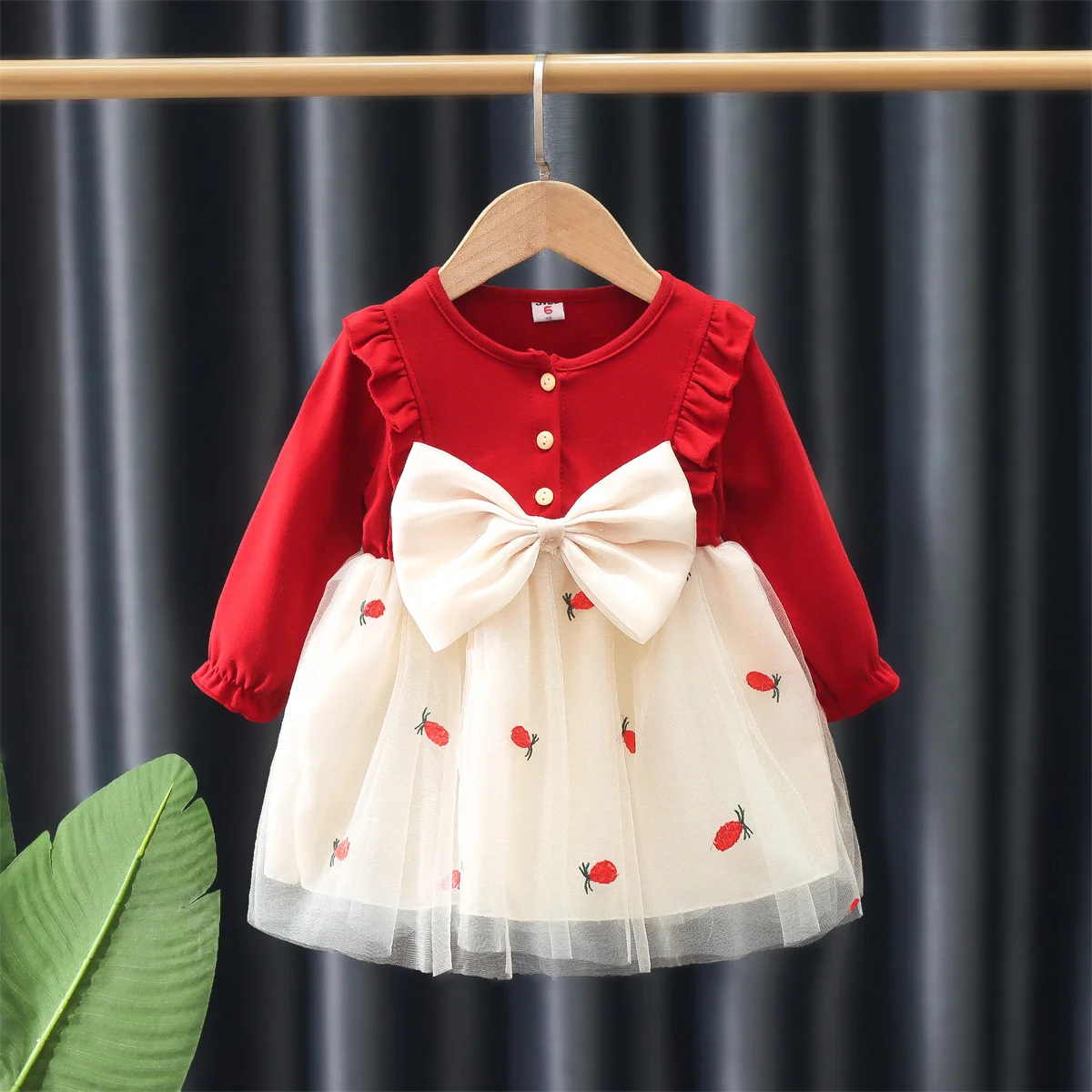 Girl\'S Dress Spring And Autumn Pineapple Embroidery Mesh Splice Knitted Bow Tie Long Sleeve Daily Princess Dress