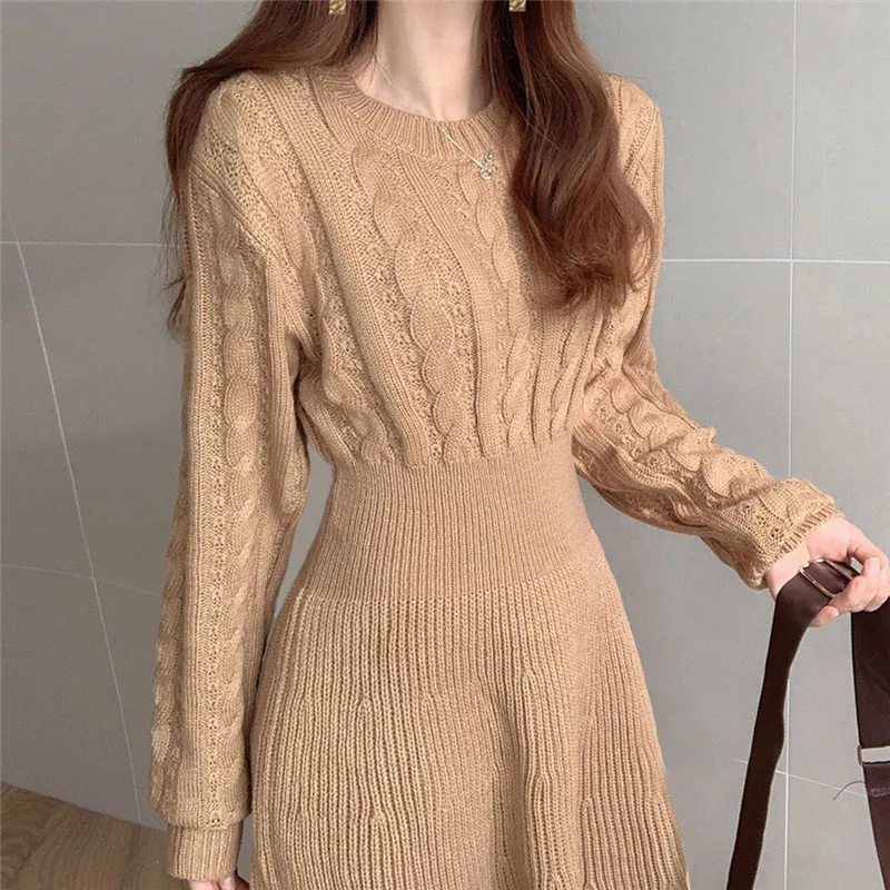 Autumn Winter Twist Knitted Dress Korean Solid O Neck Loose Long Sleeves A Line Dress Vintage Casual Warm Pullover Sweater Dress