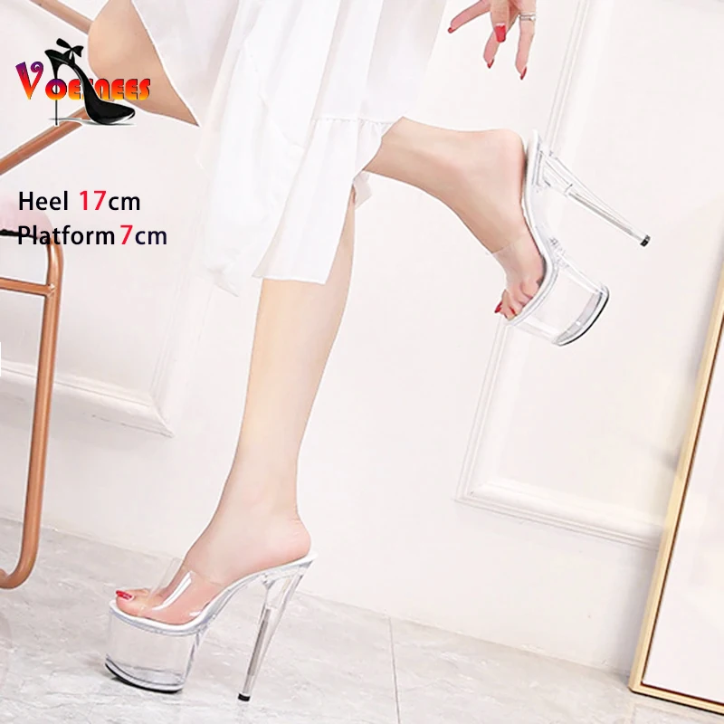 17CM Platform Sandals Slip-On High Heels Women Shoes Sexy PVC Transparent Crystal Slippers 2024 Summer Nightclub Stripper Heels