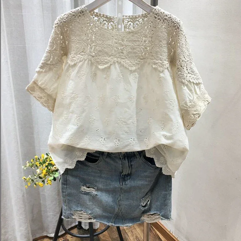 Embroidery Hollow Women Shirts Fashion Loose Short Sleeve Shirt  Summer Comfortable Casual Female Tops O-Neck Ladies Clothes