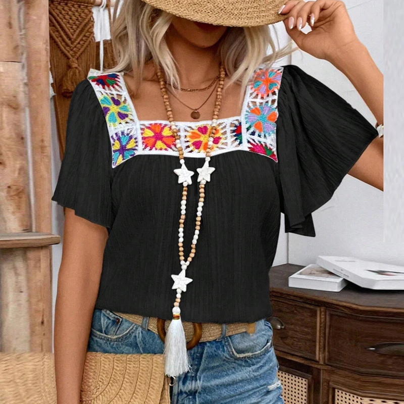 Camiseta de manga corta de verano para mujer, camisetas caladas estampadas con cuello cuadrado, Jersey holgado, camisa informal para mujer