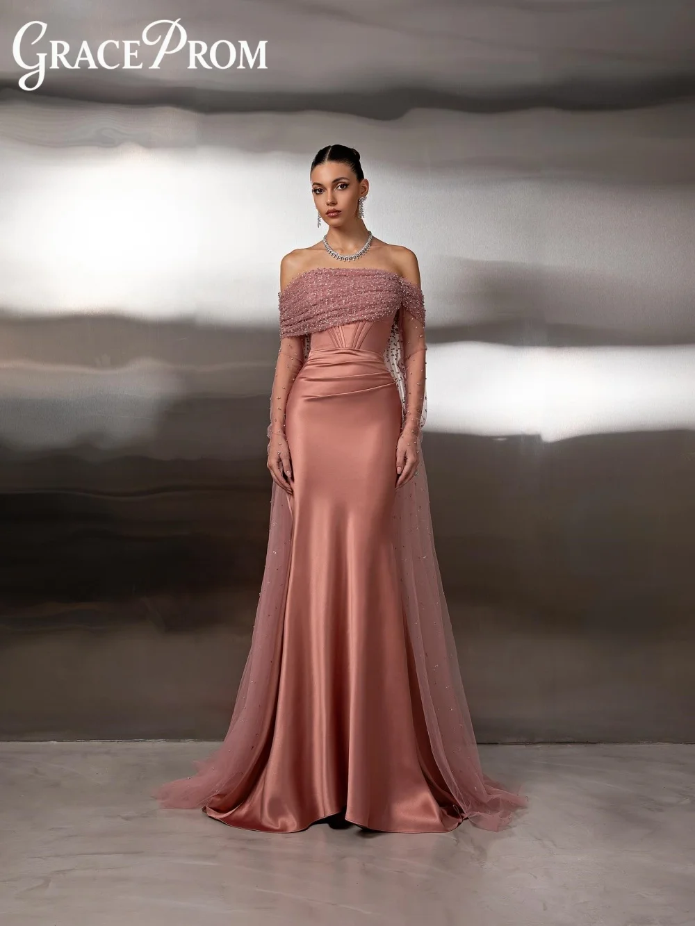 

GraceProm Off Shoulder Evening Dress 2026 Elegant Satin Carpet Gown Fashion Tulle Train Floor-Length Party Gown فساتين س