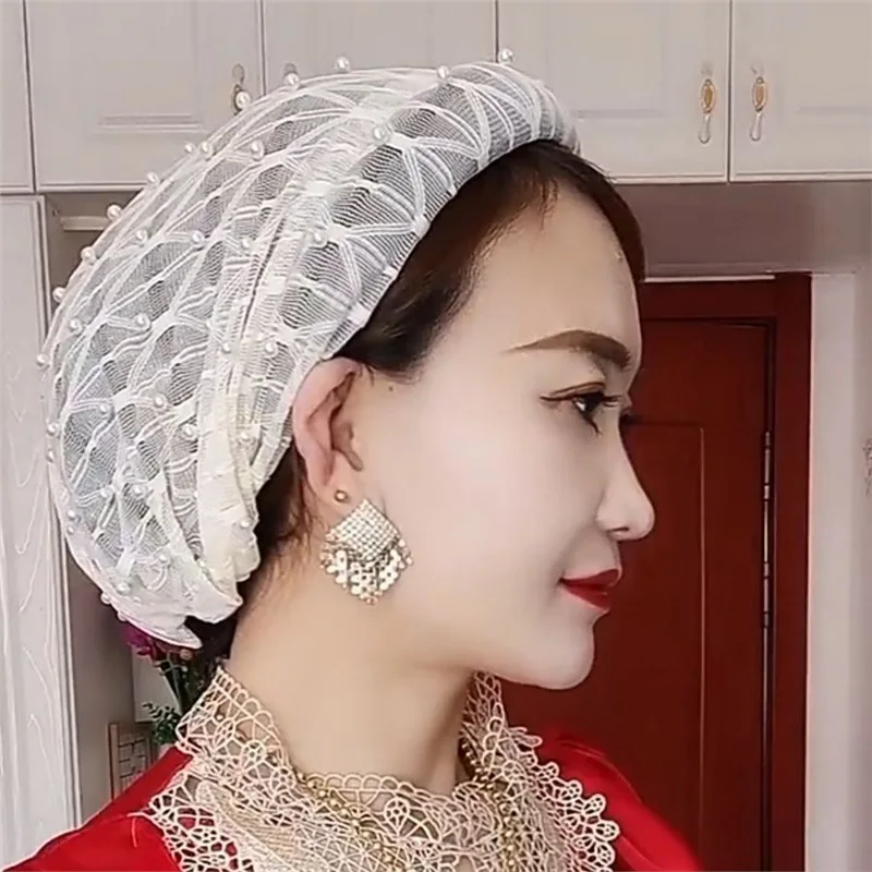 Perle indiane Perline Cappello turbante in pizzo con fascia per capelli per donna Avvolge la testa Fascia Foulard musulmano Cofano femminile Bandane