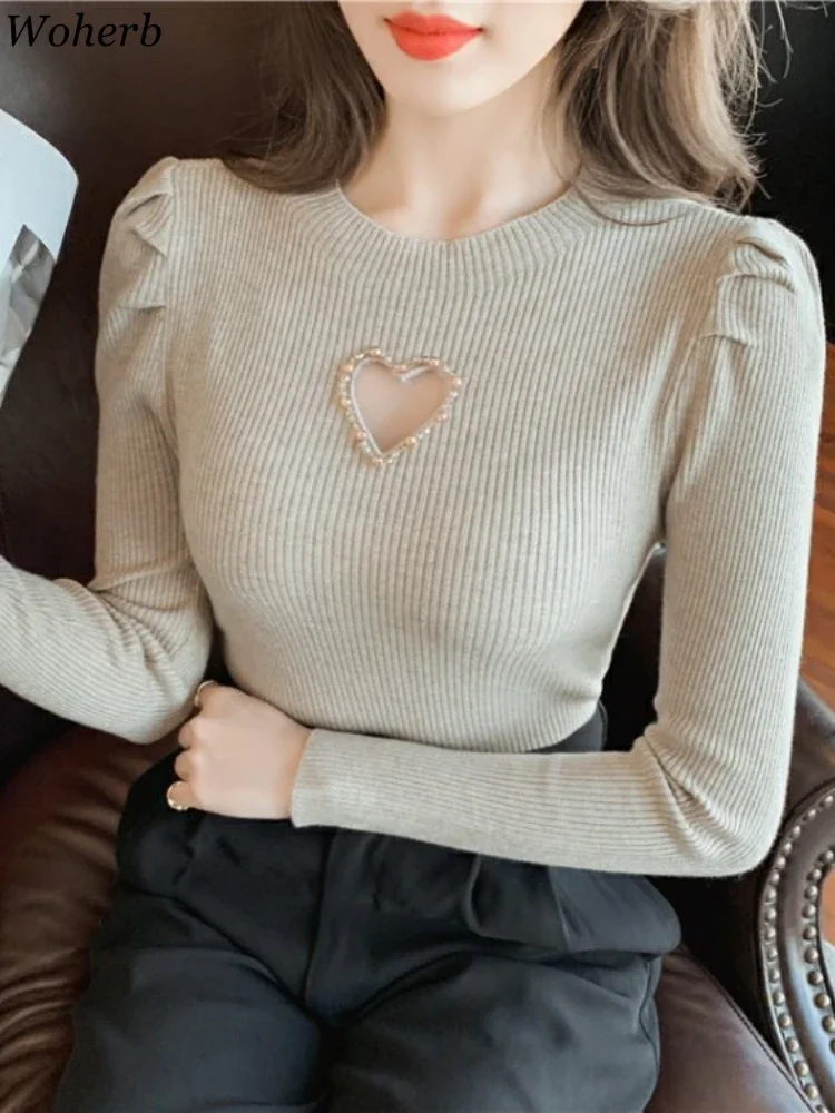 Crop Sweater Women O-neck Puff Sleeve Sweet Jumper Pull Femme 2024 Ropa Mujer Fashion Korean Knitted Love Hollow Out Pullovers