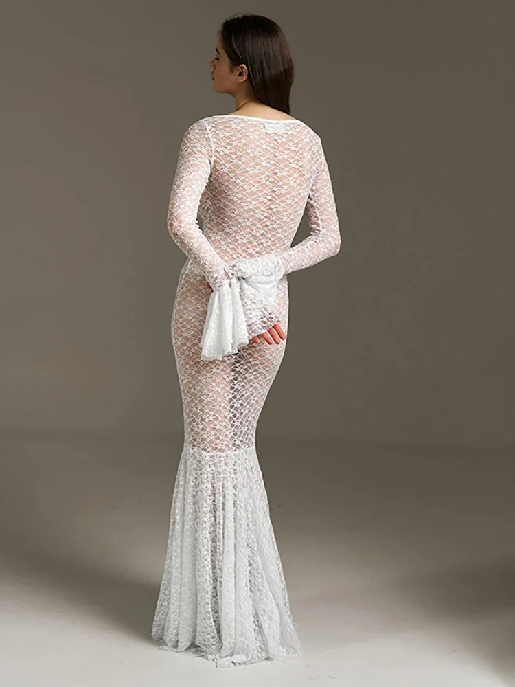 Sexy See Through Lace Women Long Mermaid Dress Long Sleeve Evening Dress Female Summer Skinny Elegant Party Clubwear