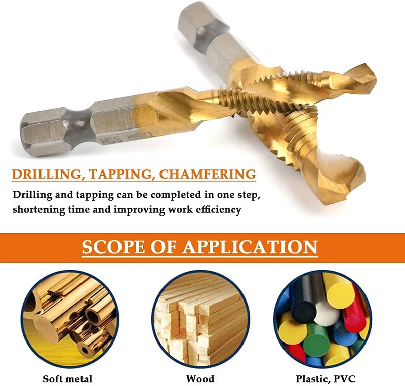 6PCS M3 M4 M5 M6 M8 M10 Thread Metric Tap Drill Bits Set HSS Hex Shank Screw Machine Titanium Plated Compound Tap Hand Tool Set
