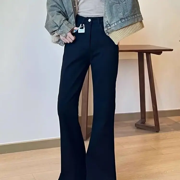 

Расклешенные джинсы с высокой талией, женские эластичные свободные леггинсы Pure Bla, повседневные джинсовые леггинсы на четыре сезона, подходят для джинсовой ткани с высокой талией на молнии