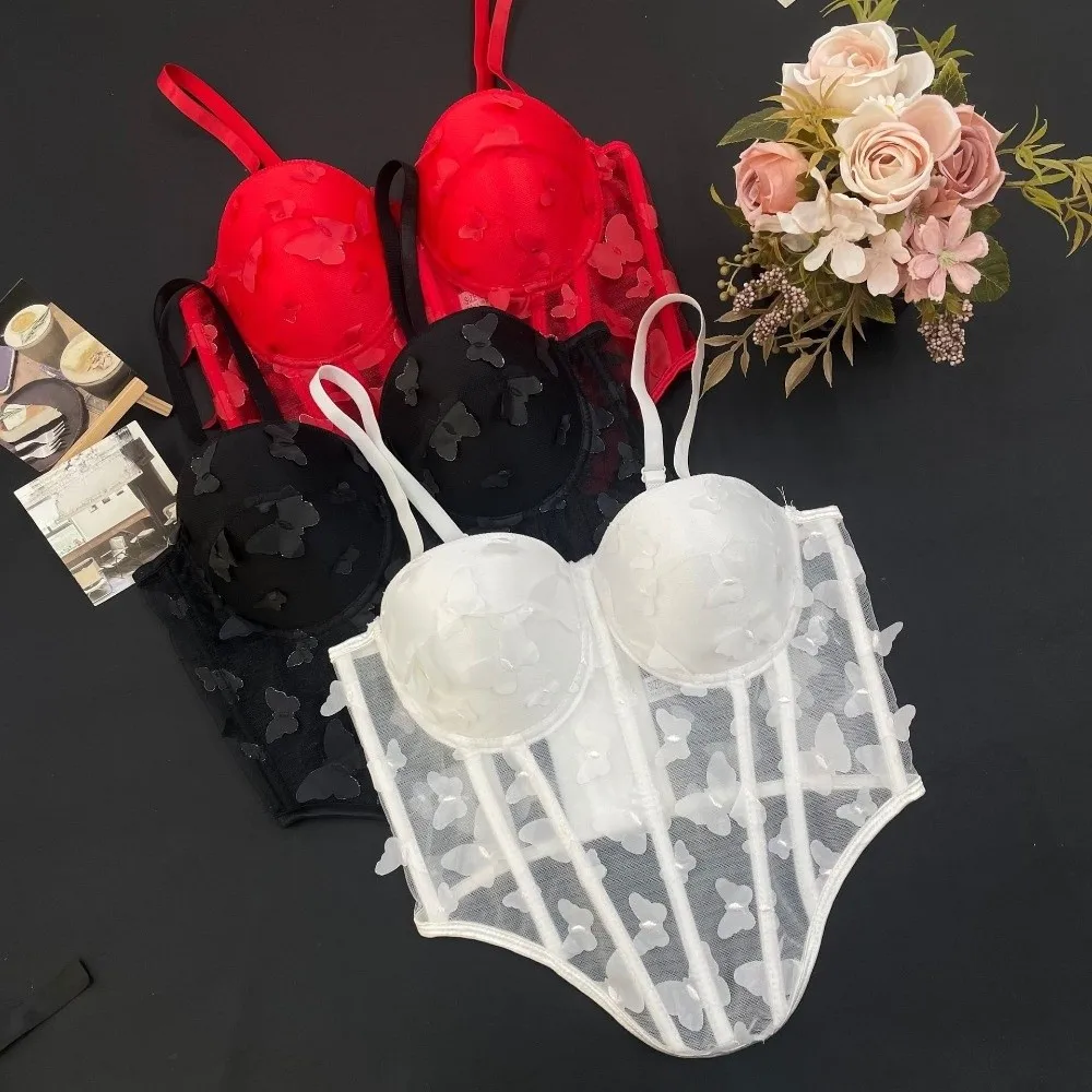 

Elastic Hollow Butterfly Corset Transparent Slim fit Camisole Crop Tops Sleeveless Tanks Suspender Vest Spring Summer