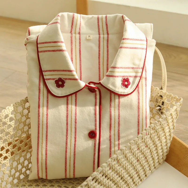 Vintage Striped Pajama Set with Peter Pan Collar Soft Brushed Cotton Winter Loungewear Little Prince Embroidered Korean Style