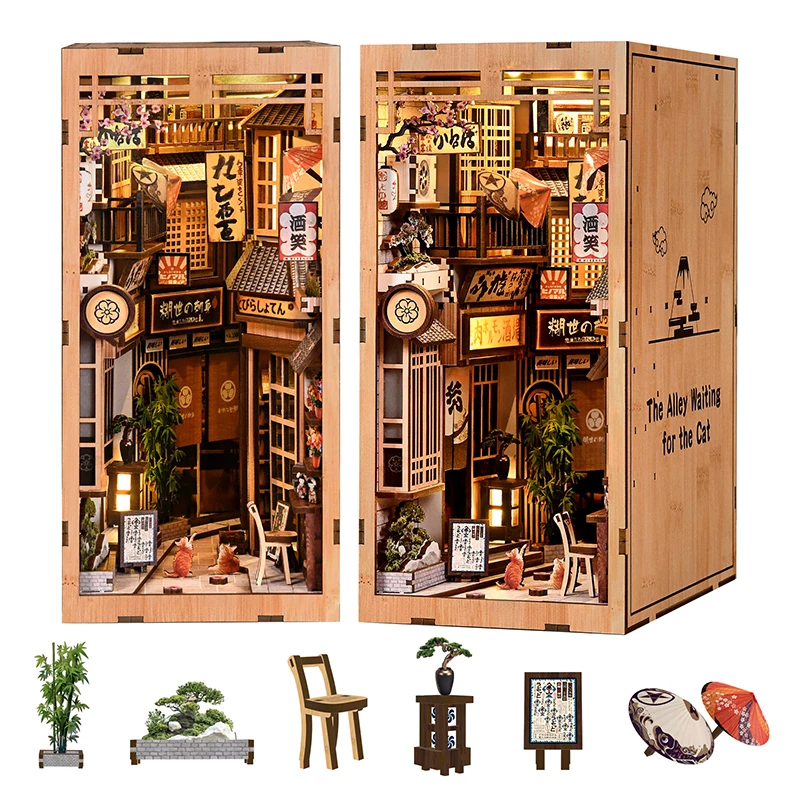 DIY Book Nook Wooden Miniature Model The Alley Waiting for the Cat Bookend 3D Puzzle with LED Light Home Decor Birthday Gift
