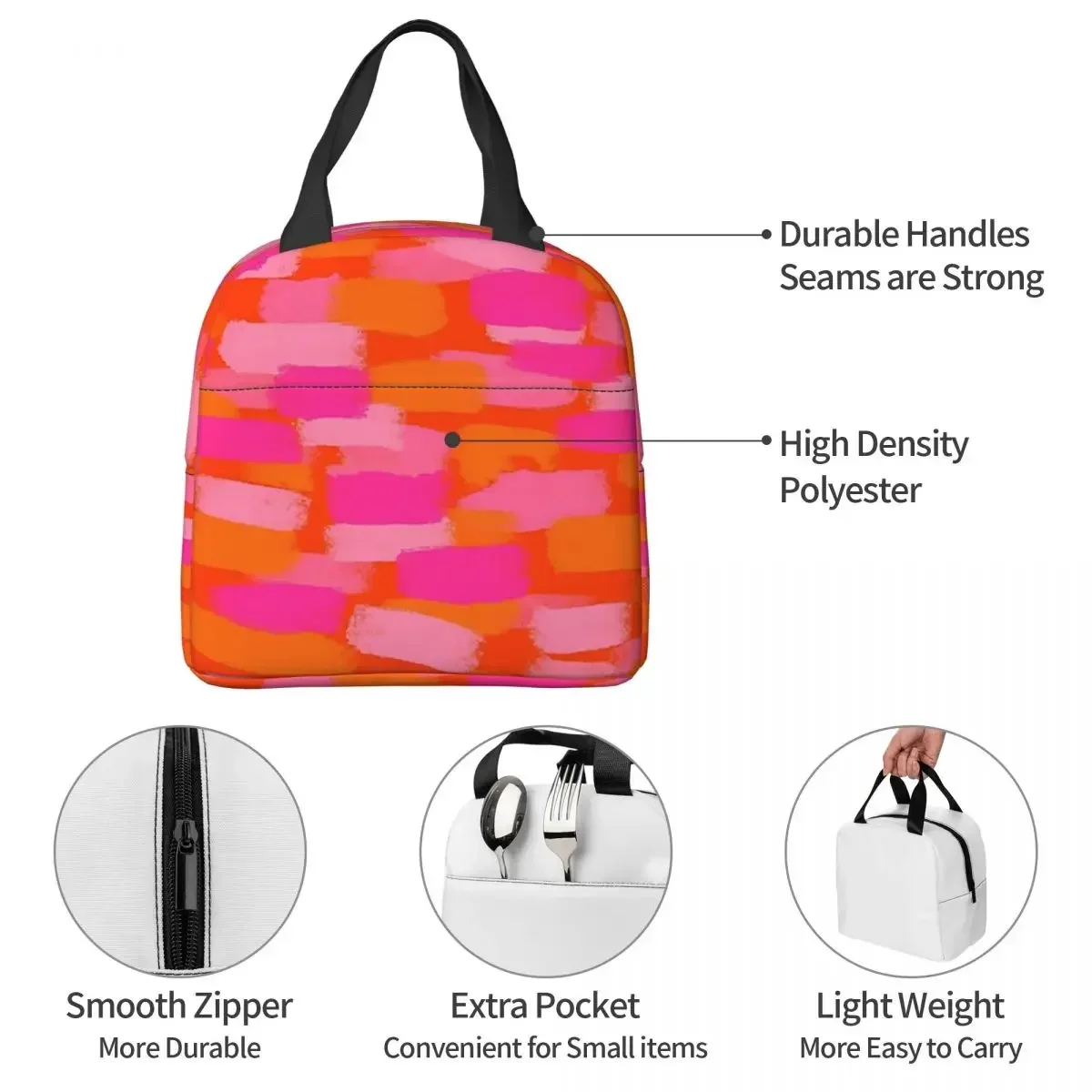 Abstract, Pink And Orange, Paint Brush Effect Insulated Lunch Bags Leakproof Picnic Bags Lunch Tote for Woman Work Kids School