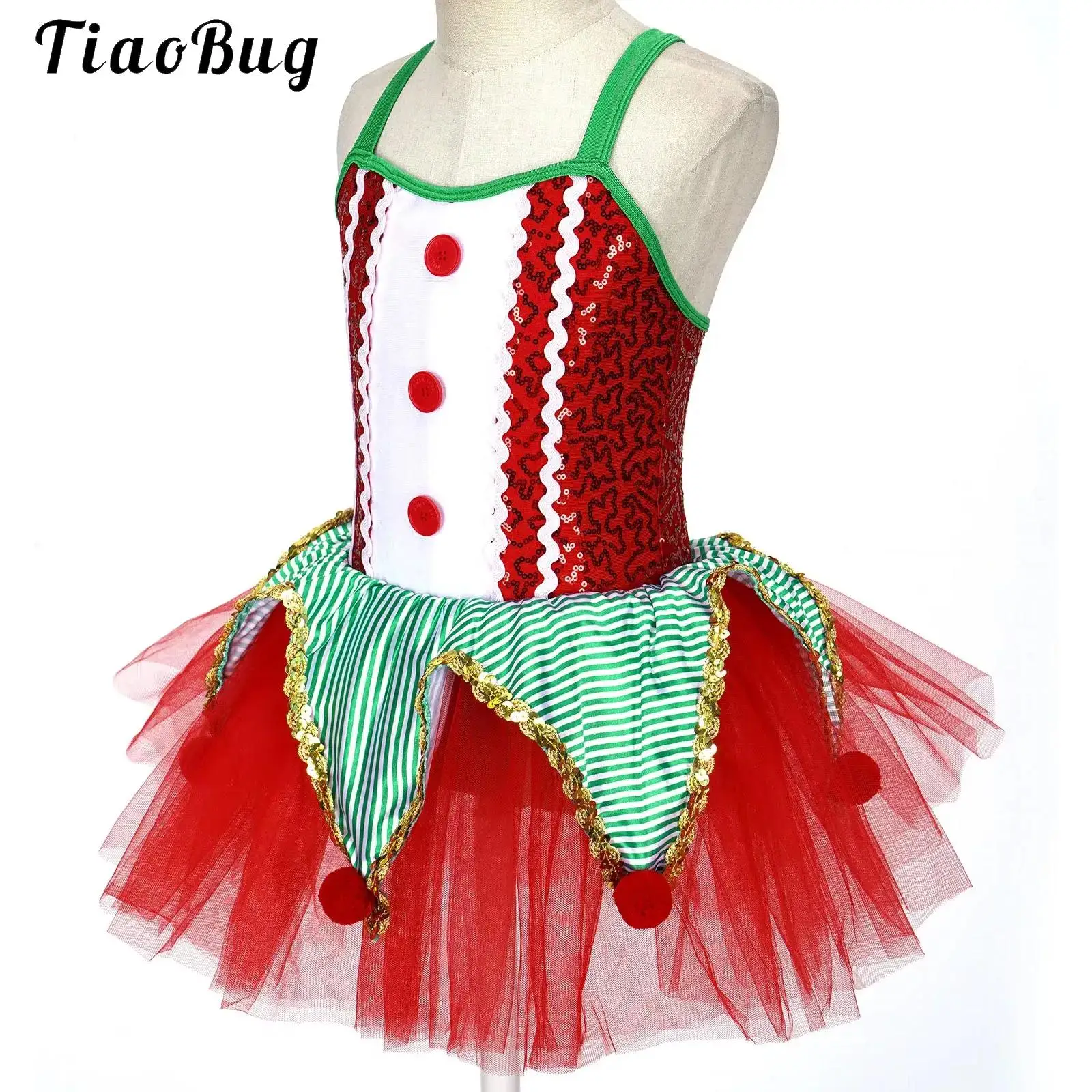 

Kids Girls Sleeveless Sequins Ballet Tutu Dance Dress Halloween Circus Clown Costume Christmas Elf Striped Mesh Leotard Dress