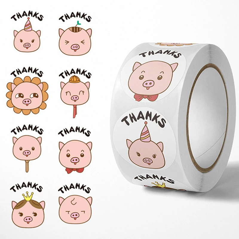 500Pcs Cute Animal Children Stickers Thank You Stickers Decorative Cat Frog Pig Circle Roll Seals Labels Chrome Paper Gift Tag