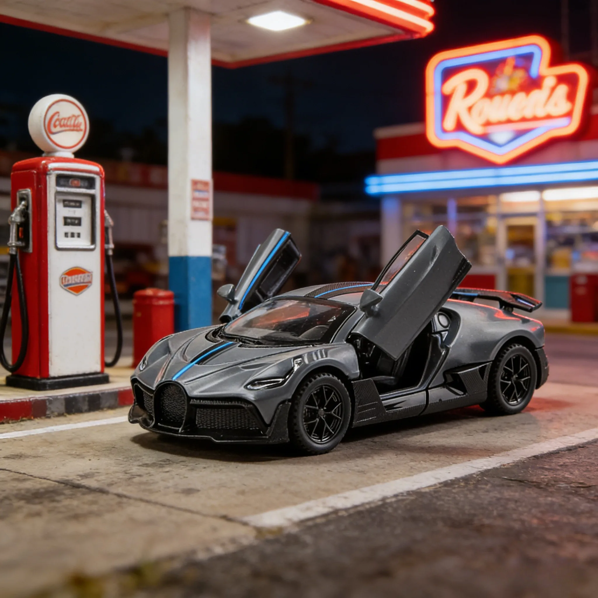 1:32 Bugatti DIVO liga modelo de corrida ornamentos acústico-óptico puxar para trás presentes de menino de porta dupla tem funções de som e iluminação