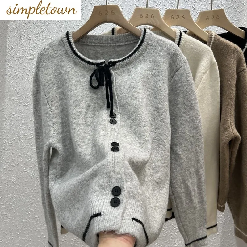 

Bow Tie Tie Contrasting Color Knitted Loose Cardigan Women's Autumn and Winter New Style Gentle Temperament Long Sleeved Top