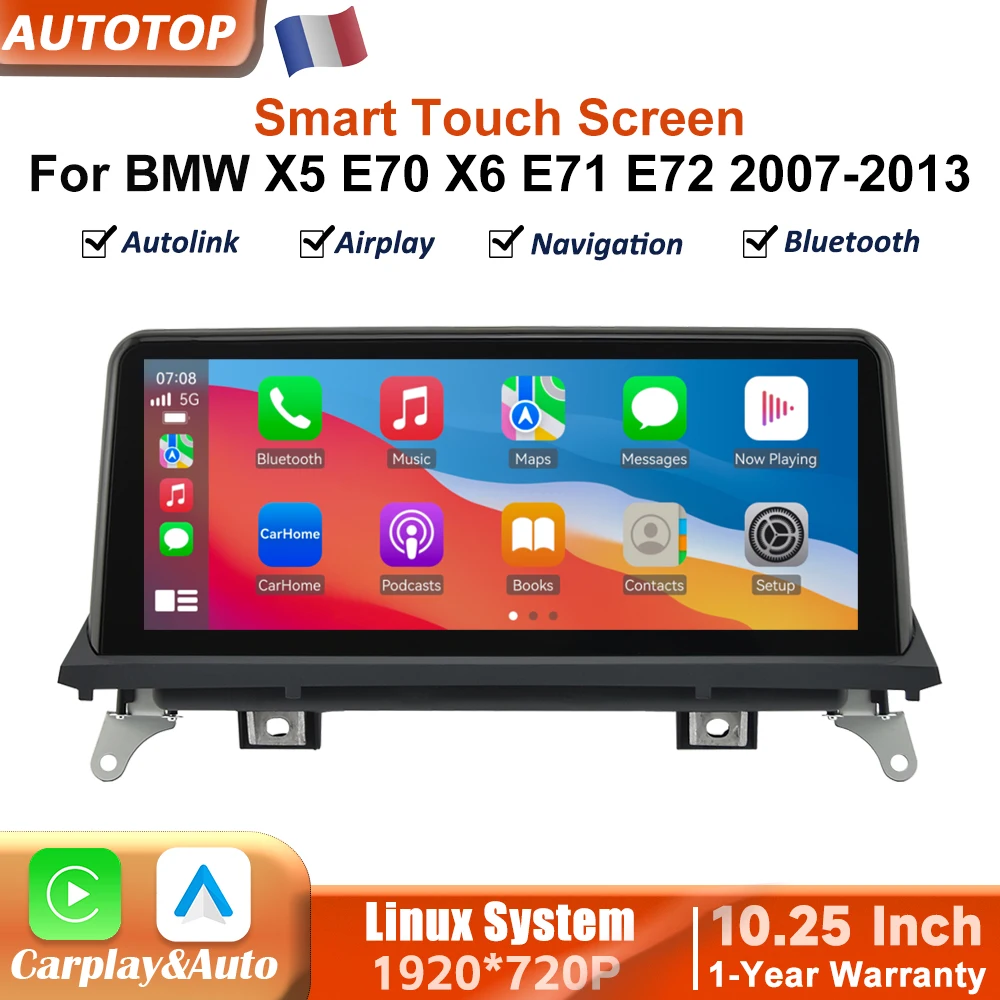 Autoradio sans fil CarPlay Android Auto 10,25 pouces pour BMW X5 E70 X6 E71 E72 2007-2013, système multimédia CCC CIC, lecteur vidéo, écran tactile Linux avec YouTube en ligne, Airplay, Autolink, Mirror Link, WiFi, Bluetooth, navigation GPS.