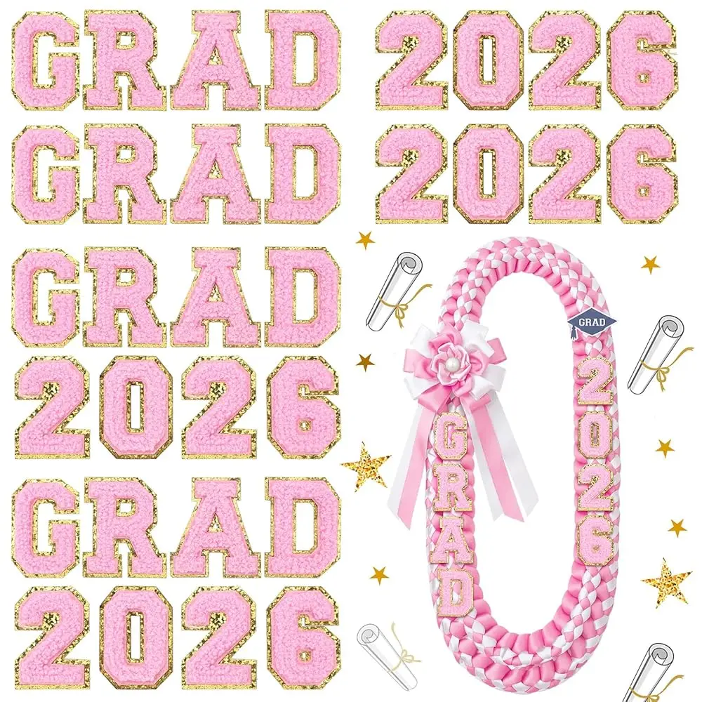 

32 Pcs Self Adhesive Grad 2026 Iron on Patches Sew on Chenille Letter Patches Glitter Graduation Embroidered Applique Decor