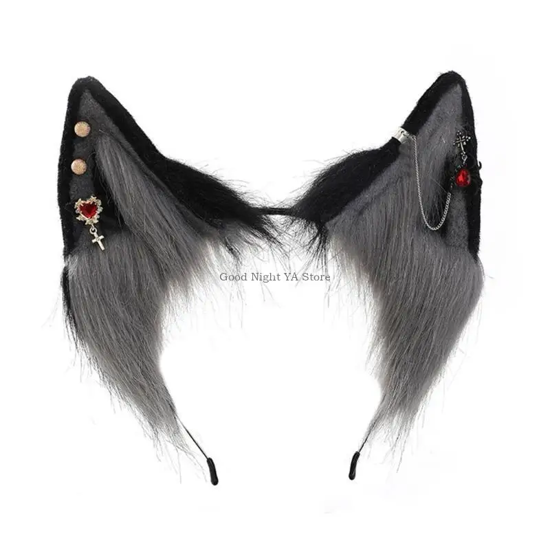 Ethnic Wolf Ears Headband with Alloy Earring Decor Hair Hoop Adult Live Broadcast Easter Party Headpiece
