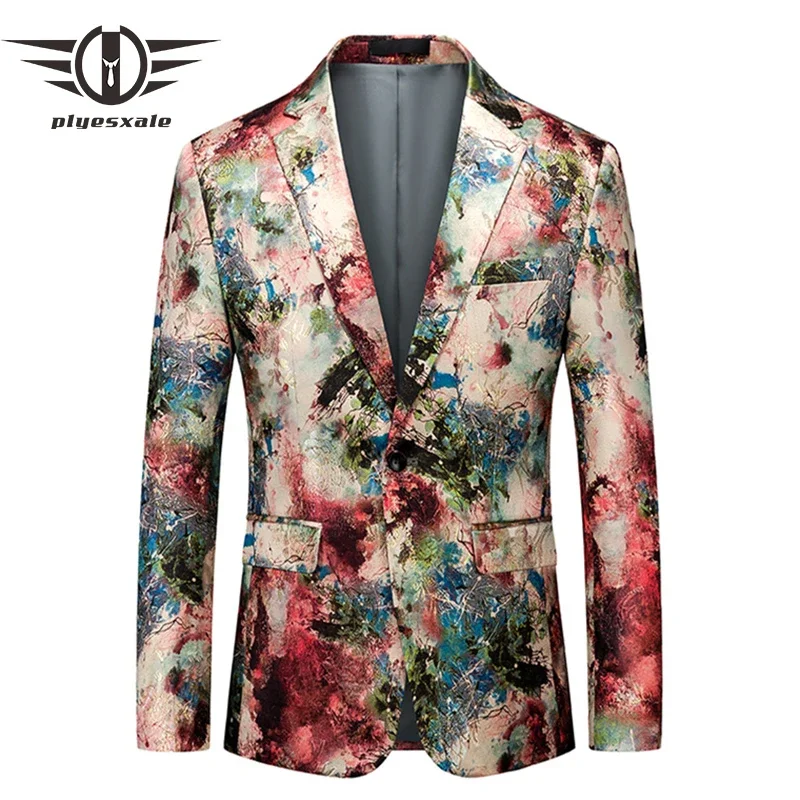 

Plyesxale Stylish Print Blazer Men Luxury Social Casual Blazers Nightclub Prom DJ Blazer Jacket Stage Clothes For Singers Q1503