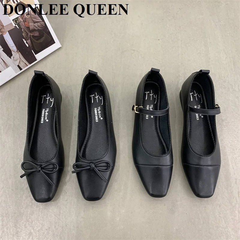 Shallow Bottoms Flats Women Shoes 2022 Autumn Elegant Design Bow Knot Square Toe Ballerina Brand Color Matching Female Mary Jane