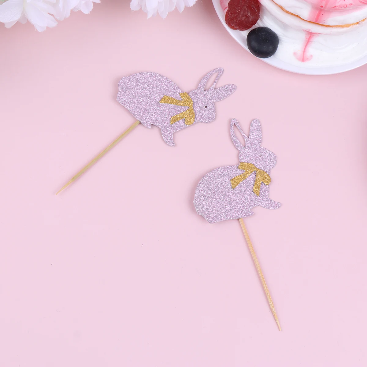 

24Pcs Easter Cake Picks Cake Toppers Pink Bow Rabbit Glitter Paper Cupcake Dessert Picks Bowknot Bunny Party Decoration
