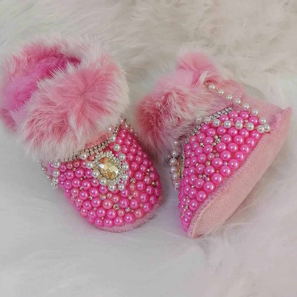 Crystals Pearls Baby Birls Snow Boots Sunglasses Rhinestones Bling Infant Shoes Luxury Shining Decoration Winter Christmas Gift