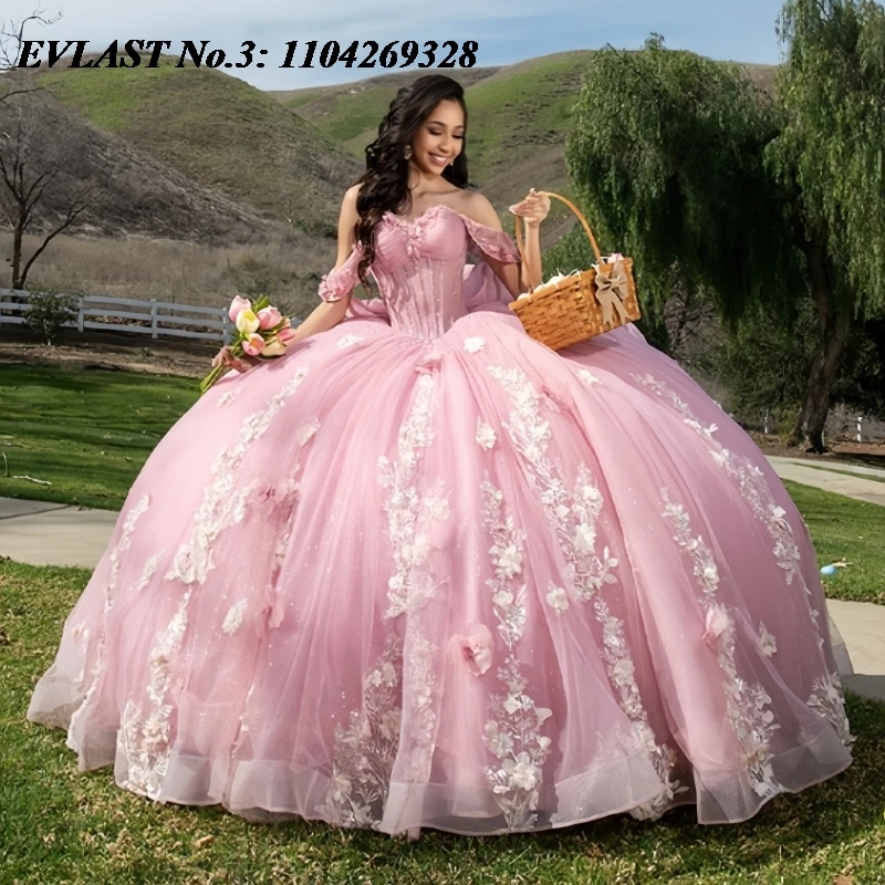 

EVLAST Блестящее розовое платье Quinceanera по индивидуальному заказу, бальное платье с 3D цветочной аппликацией и бисером, с большим бантом, Sweet 16, Vestidos De 15 Anos E3Q693