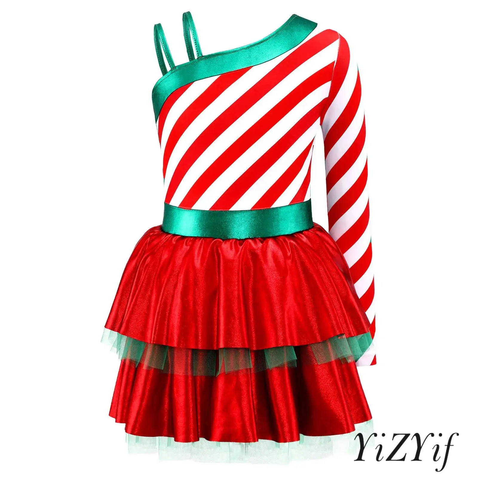 

Kids Girls Christmas Candy Cane Striped Dress Right Straps Left Long Sleeve Patchwork Layered Ruffled Tutu Dress Cosplay Dress
