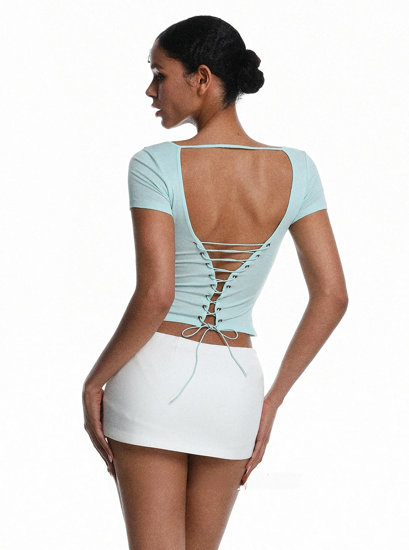 

Tagkita Blue Short Sleeve Backless Belted Dress with High Waist Skirt Spring Fashion Set Women's Sexy Pure Desire Style