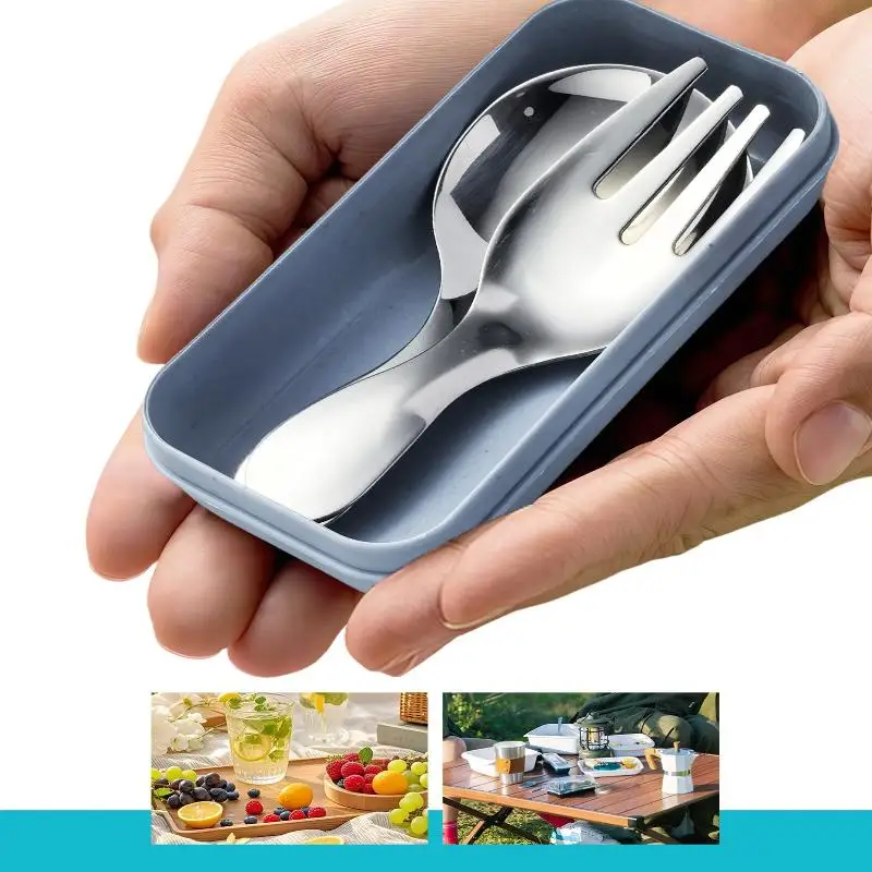 Przenośne sztućce ze stali nierdzewnej z krótkim uchwytem, łyżka i widelec, mini sztućce dla studentów, do deserów, owoców, na wędrówki, do gotowania na kempingu.